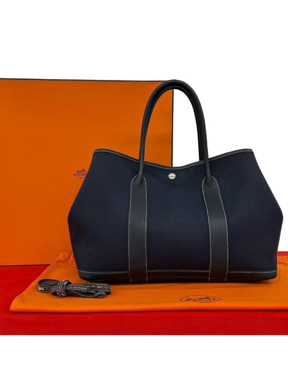 Hermes Garden Party PM Buffalo Toile H Tote Navy
